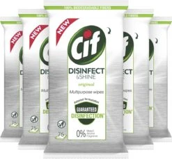 Cif Disinfect & Shine Wipes Doden 99,99% Van De Bacteriën Original Desinfecterende Schoonmaakdoekjes, Van 100% Biologisch Afbreekbaar Textiel 5 X 75 Doekjes -Schoonmaakmiddelen Winkel 1200x1111