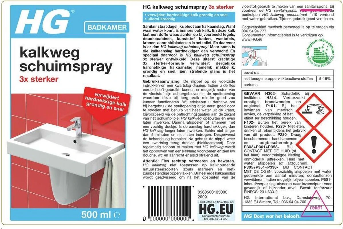 HG Kalkweg Schuimspray 3x Sterker - 500ml - Verwijdert Extreme Kalkresten - 100% Opgelost, 100% Resultaat 4 HG Kalkweg Schuimspray 3x Sterker - 500ml - Verwijdert Extreme Kalkresten - 100% Opgelost, 100% Resultaat - Afbeelding 2
