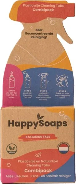 HappySoaps Cleaning Tabs - Combipack Met 4 Verschillende Tabs - Allesreiniger, Keukenreiniger, Glasreiniger En Sanitairreiniger - 100% Plasticvrij, Duurzaam & Vegan -Schoonmaakmiddelen Winkel 496x1200