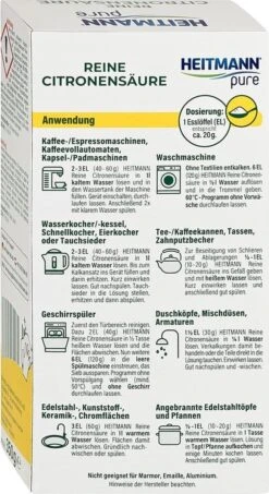 HEITMANN Pure Ontkalker- Citroenzuur Ontkalker, Natuurvriendelijke Kalkreiniger Voor Een Hygiënische Reiniging - Poeder, 1x 350 G -Schoonmaakmiddelen Winkel 654x1200